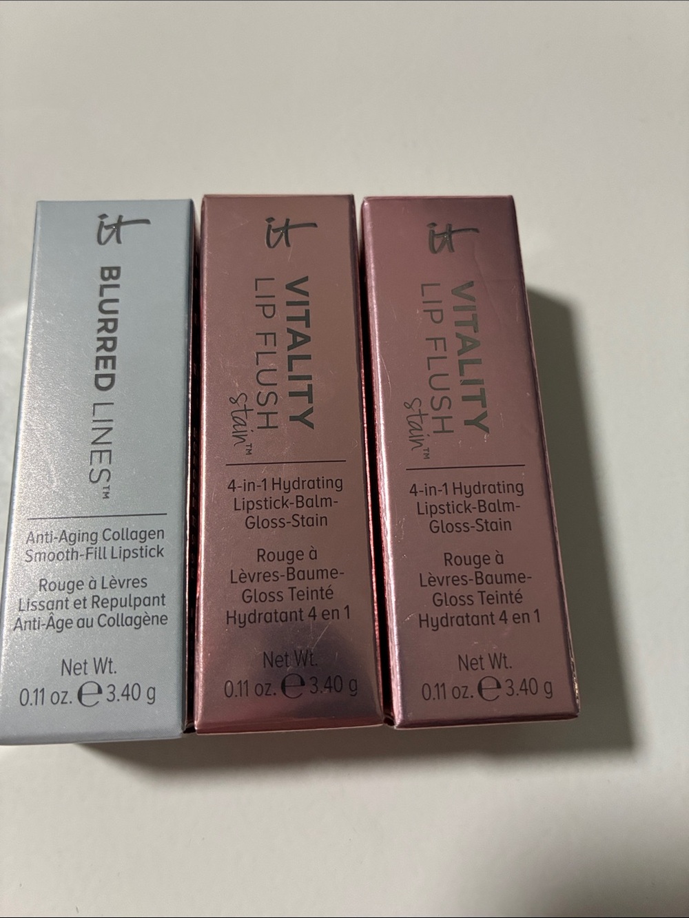it cosmetics Vitality Lip Flush Trio Packaging in Rose and Silver Tones
